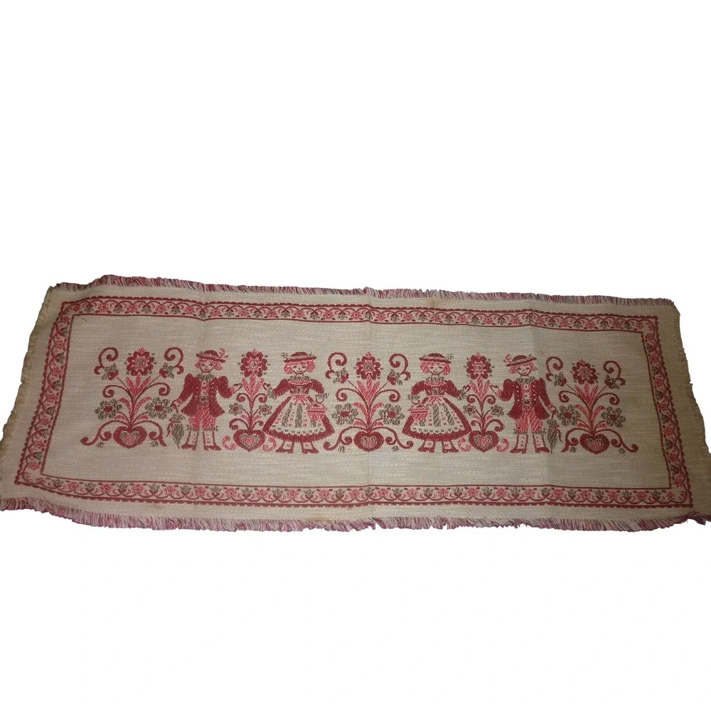 Vintage Made in Austria Linen Cotton Table Runner Reversible‎ Jacquard Folk Art